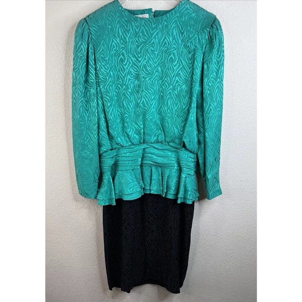 Vintage 1980s Silk Studio‎ 100% Silk Green Black Peplum Dress Size 12 Petite